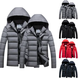 Men's Solid Color Thick Hooded Cotton Coat With Fleece Padded Coat Large Size