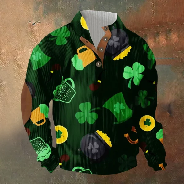 Knit Printed 3 Button - Corduroy Men's Standing Collar Pocket Sweatshirt - Image 13