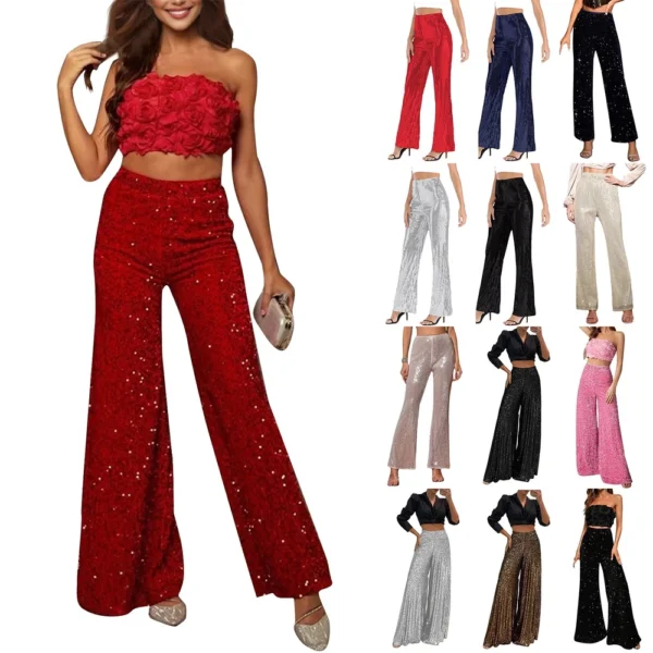 Women's Fashion Casual High Waist Thin Trousers Solid Colour Sequin Wide Leg - Image 6