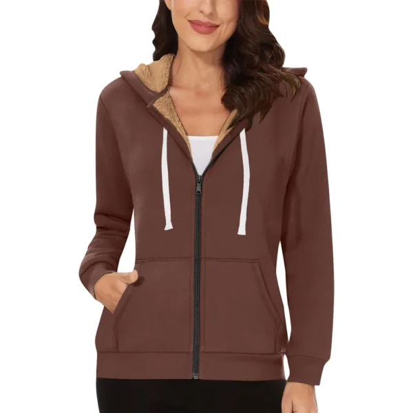 Lined Jacket Women Flannel Winter Warm Fleece Zip Up Hooded With Side Pockets - Image 16