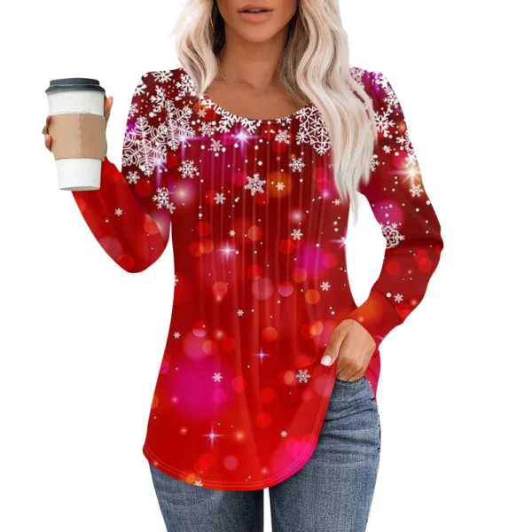 Women's Casual Christmas T-Shirt Round Neck Printed Pleated Long Sleeved Top - Image 44