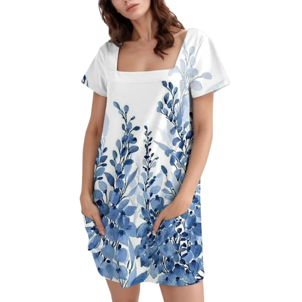 Women's Square Collar Short Sleeve Fashion Skirt Floral Print Pocket Casual - Image 20
