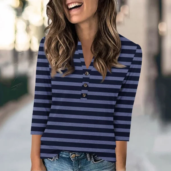 Women's Fashion Casual Loose 3/4 Sleeve Striped Printed Round Neck Top - Image 22