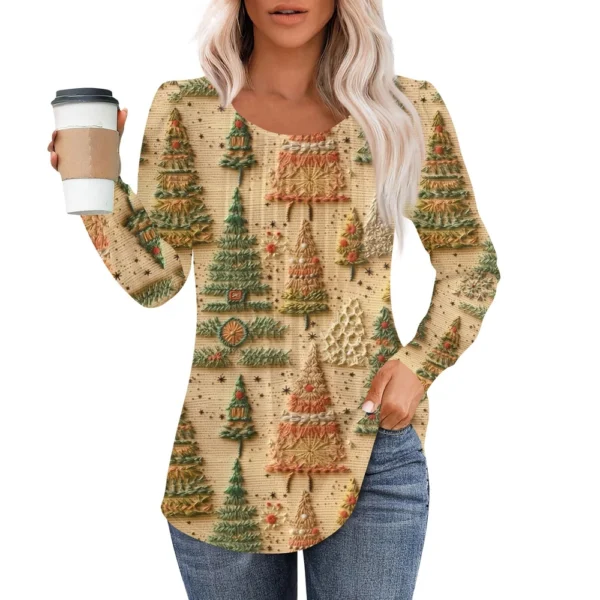 Women's Christmas Pleated Top Round Neck Casual Printed Long Sleeved T-Shirt - Image 26