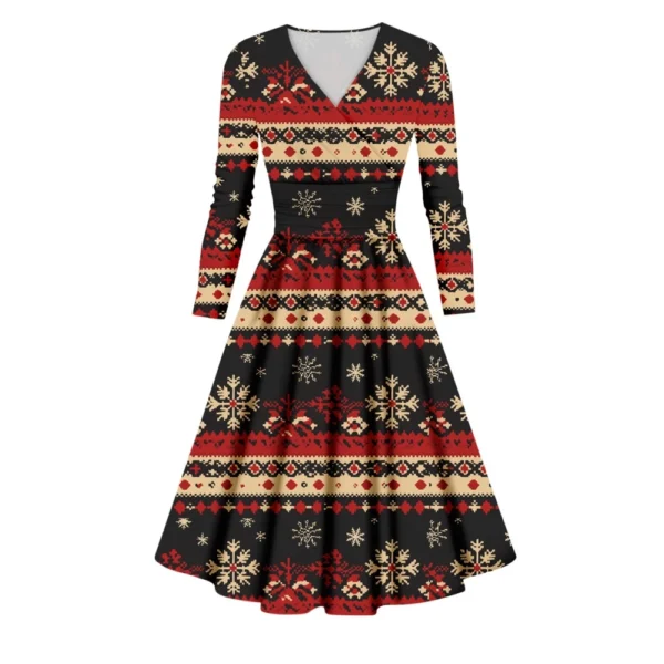 Women's Printed V-Neck Christmas Casual Fashion Long Sleeve Slim Dresses - Image 3