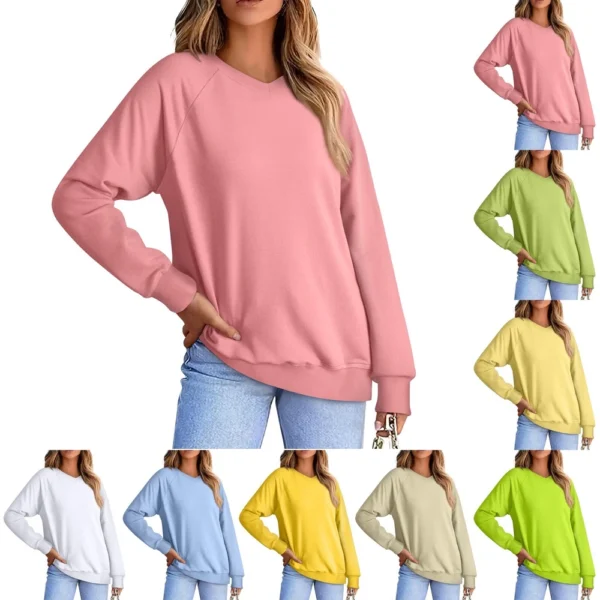 Women's Fashion Sweatshirt V-neck Long Sleeve Solid Color Casual Loose Pullover