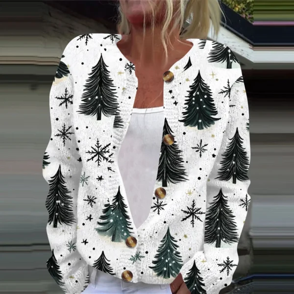 Women's Fashion Christmas Printed Long Sleeve Knitted Cardigan Button Down - Image 16