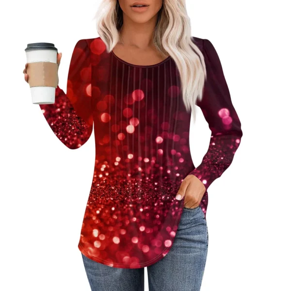 Women's Casual Christmas T-Shirt Round Neck Printed Pleated Long Sleeved Top - Image 22