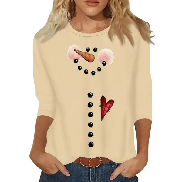 Ladies Casual Christmas Printed Top Round Neck 3/4 Sleeve Loose Women's T-Shirt - Image 5