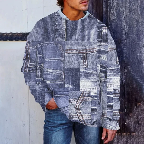 Men'S Printed Synthetic Sweater Round Neck Sportswear Loose Long Sleeved Top - Image 25