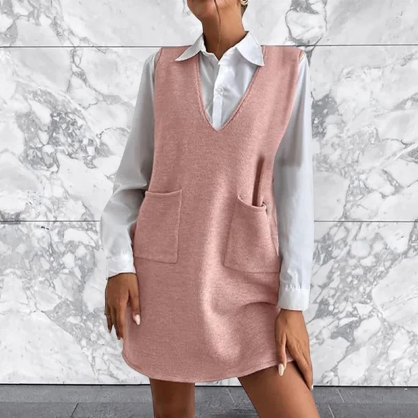 Women's Solid Color Wool Medium Length Double-sided Vest Skirt Sleeveless Dress - Image 37