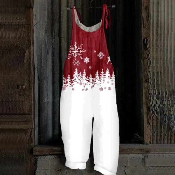 Women's Loose Vintage Shoulder Strap Print Casual Jumpsuit Christmas - Image 13