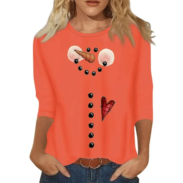 Ladies Casual Christmas Printed Top Round Neck 3/4 Sleeve Loose Women's T-Shirt - Image 35