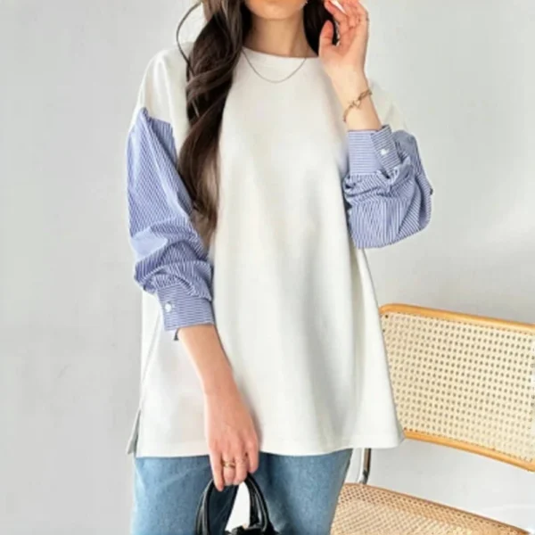 Striped Plaid Sleeves Splicing Long Sleeve Shirt Top - Image 16