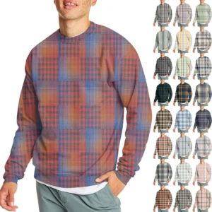 Men's Casual Fashion Comfortable Plaid Round Neck Pullover Sweatshirt Sweatshirt