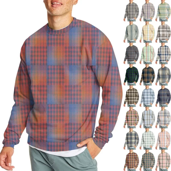 Men's Casual Fashion Comfortable Plaid Round Neck Pullover Sweatshirt Sweatshirt
