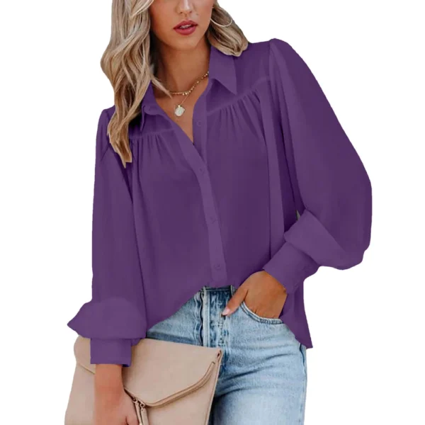 Button-down top pleated solid color stand-up collar women's clothing - Image 19