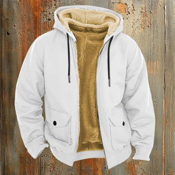 Men's Casual Zippered Pocket Hooded Jacket Men's Solid Color Fashion Warm Jacket - Image 43