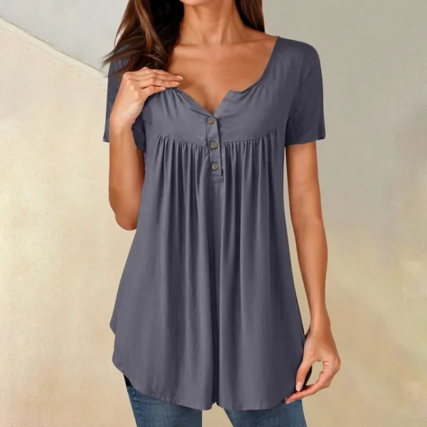 Women Tunic Tops Dressy Casual Summer Short Sleeve Shirts Loose Fit Pleated - Image 37