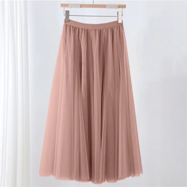 Women's Solid Color Mesh Skirt With Elastic Band Large Swing Mid Length Skirt - Image 28