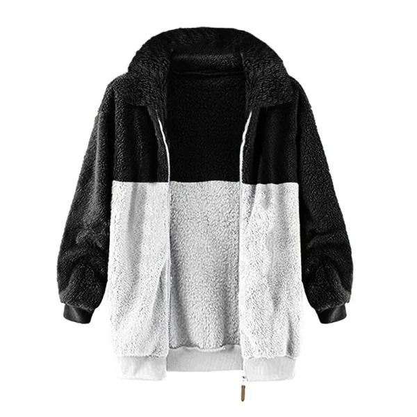 Women's Casual Color Blocking Loose Plush Zippered Flip Collar Jacket With - Image 11