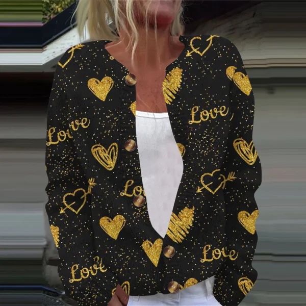 Women's Fashion Printed Valentine's Day Long Sleeved Knitted Cardigan Button - Image 16