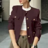 Women's Solid Color Round Neck Fashionable Button Decorated Short Jaket - Image 51