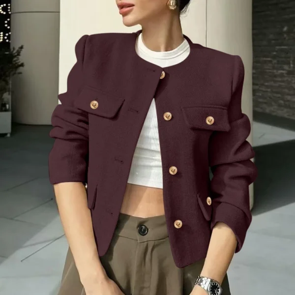 Women's Solid Color Round Neck Fashionable Button Decorated Short Jaket - Image 51