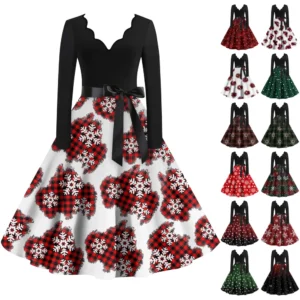Women's Casual V-Neck Fashion Christmas Slim Long Sleeve Printed Dresses