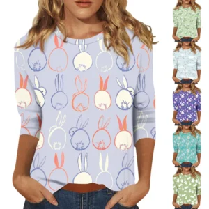 Women's Fashion Tops Casual 3/4 Sleeve Plus Size Easter Basic Printed Pullover