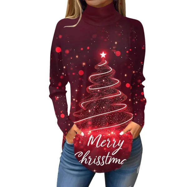 Women's Casual Christmas High Neck Pullover Long Sleeve Fashion Printed T-Shirt - Image 20