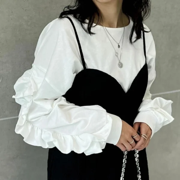 Crew neck solid color loose casual long-sleeved women's top - Image 2