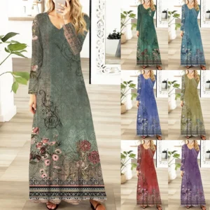 Women's Casual Fashion Long Sleeve Graphic Printed Vintage Long Dresses Fall