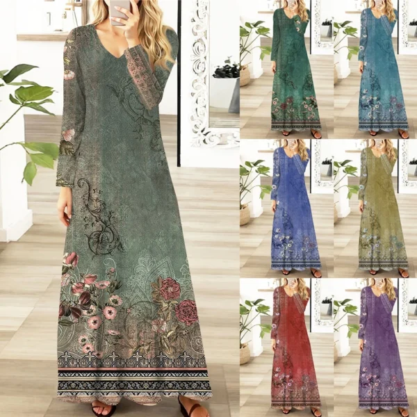 Women's Casual Fashion Long Sleeve Graphic Printed Vintage Long Dresses Fall