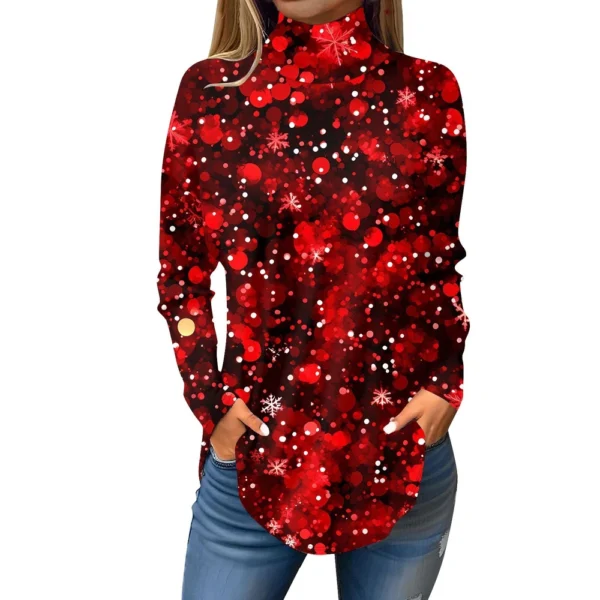 Women's Casual Christmas High Neck Pullover Long Sleeve Fashion Printed T-Shirt - Image 4