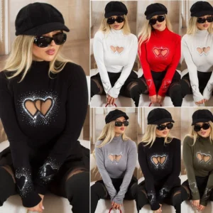 Knit top for women slim-fit high-neck hollowing out