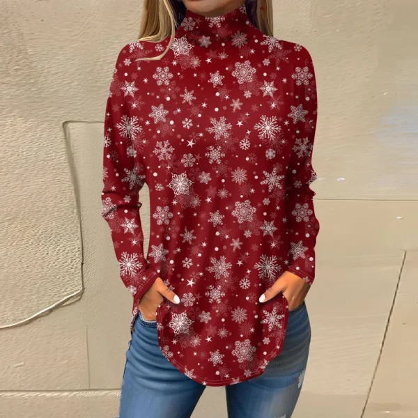 Women's Casual Printed High Neck Fashion Long Sleeve Pullover Christmas T-Shirt - Image 40