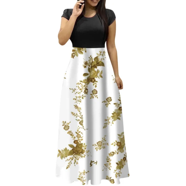Women's Fashion Casual Loose Printed Round Neck Short Sleeve Long Dresses - Image 4