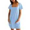 Women's Solid Color Square Collar Short Sleeve Fashion Skirt Pocket Casual Dress - Image 37