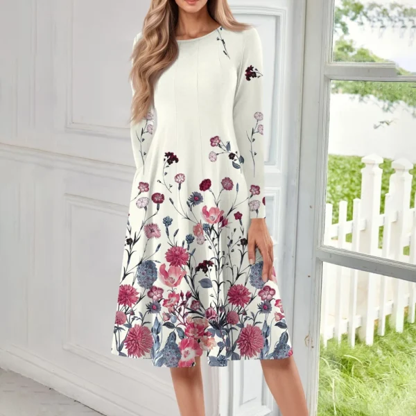 Women's Casual Fashion Round Neck Long Sleeve Print Midi Dress - Image 28