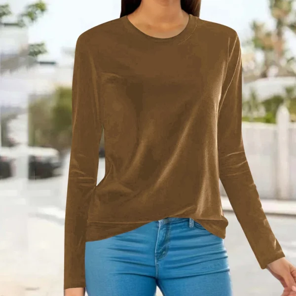 Women's Fashion Golden Velvet Solid Colour Round Neck Long Sleeve T-Shirt Top - Image 24