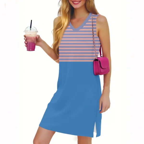 Women's Casual Fashion Sexy V-neck Sleeveless Striped Hem Slit Dress - Image 5