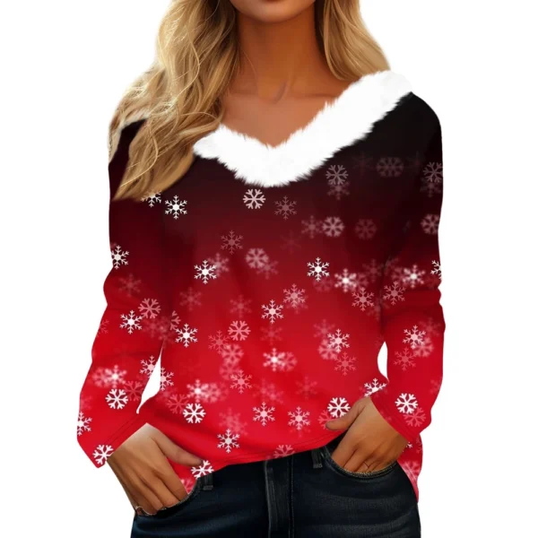 Women's Christmas Long Sleeve Shirt Top V Neck Party Fleece Collar T Shirt - Image 20