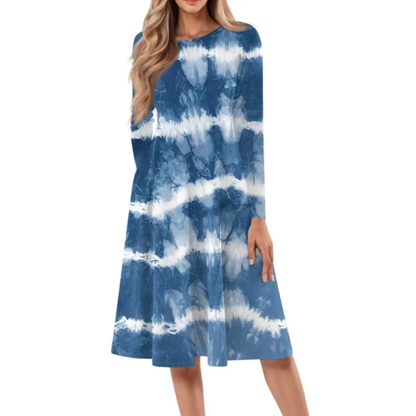 Women's Casual Fashion Round Neck Long Sleeve Print Midi Dress - Image 2