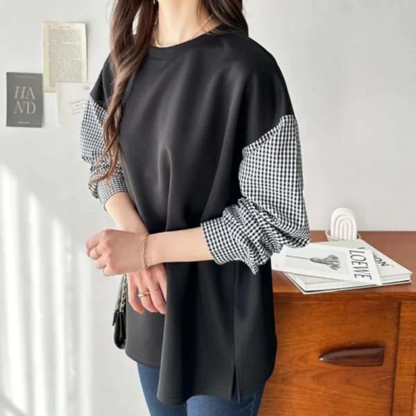Striped Plaid Sleeves Splicing Long Sleeve Shirt Top - Image 11
