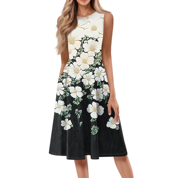 Women's Casual Fashion Floral Print Round Neck Sleeveless Solid Color Midi Dress - Image 5