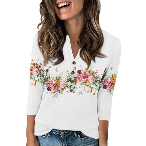 Women's Fashion Casual Loose 3/4 Sleeve Printed Round Neck Top - Image 17