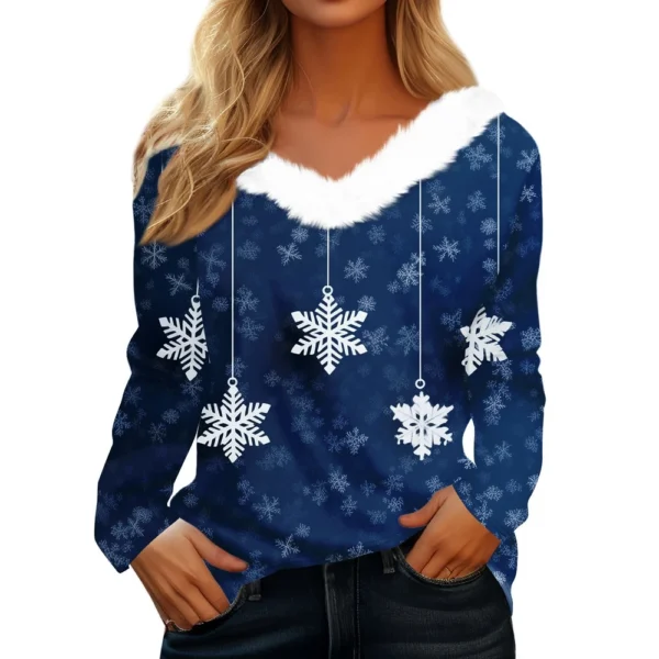 Women's Christmas Long Sleeve Shirt Top V Neck Party Fleece Collar T Shirt - Image 5