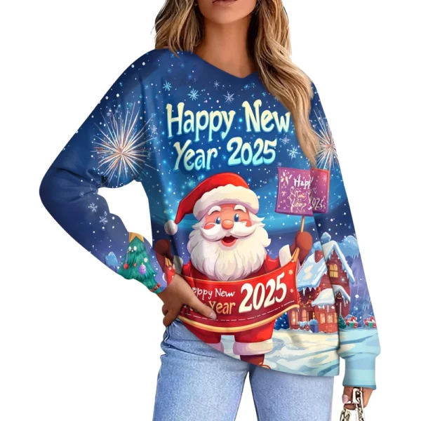 Women's Casual Fashion Comfortable Raglan Sleeve V-Neck Christmas Print - Image 38