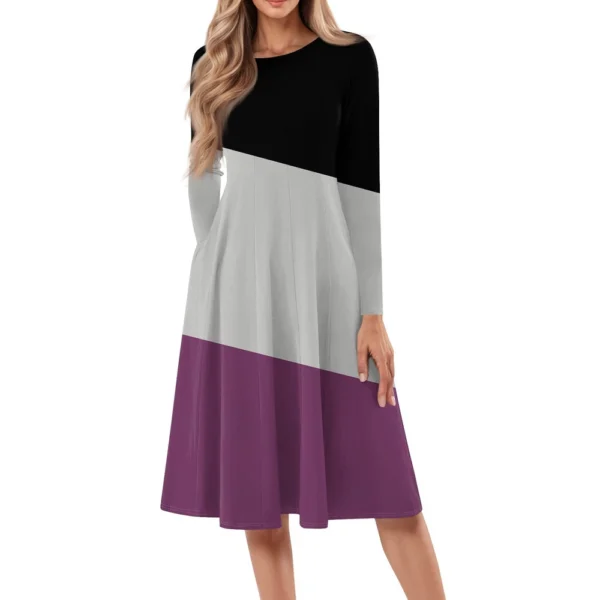 Women's Casual Fashion Round Neck Long Sleeve Print Midi Dress - Image 19